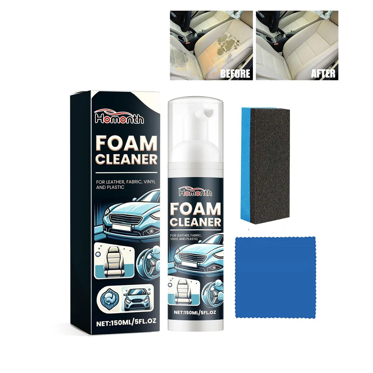 White aerosol can labelled 150 ml multi-purpose foam cleaner for car interior