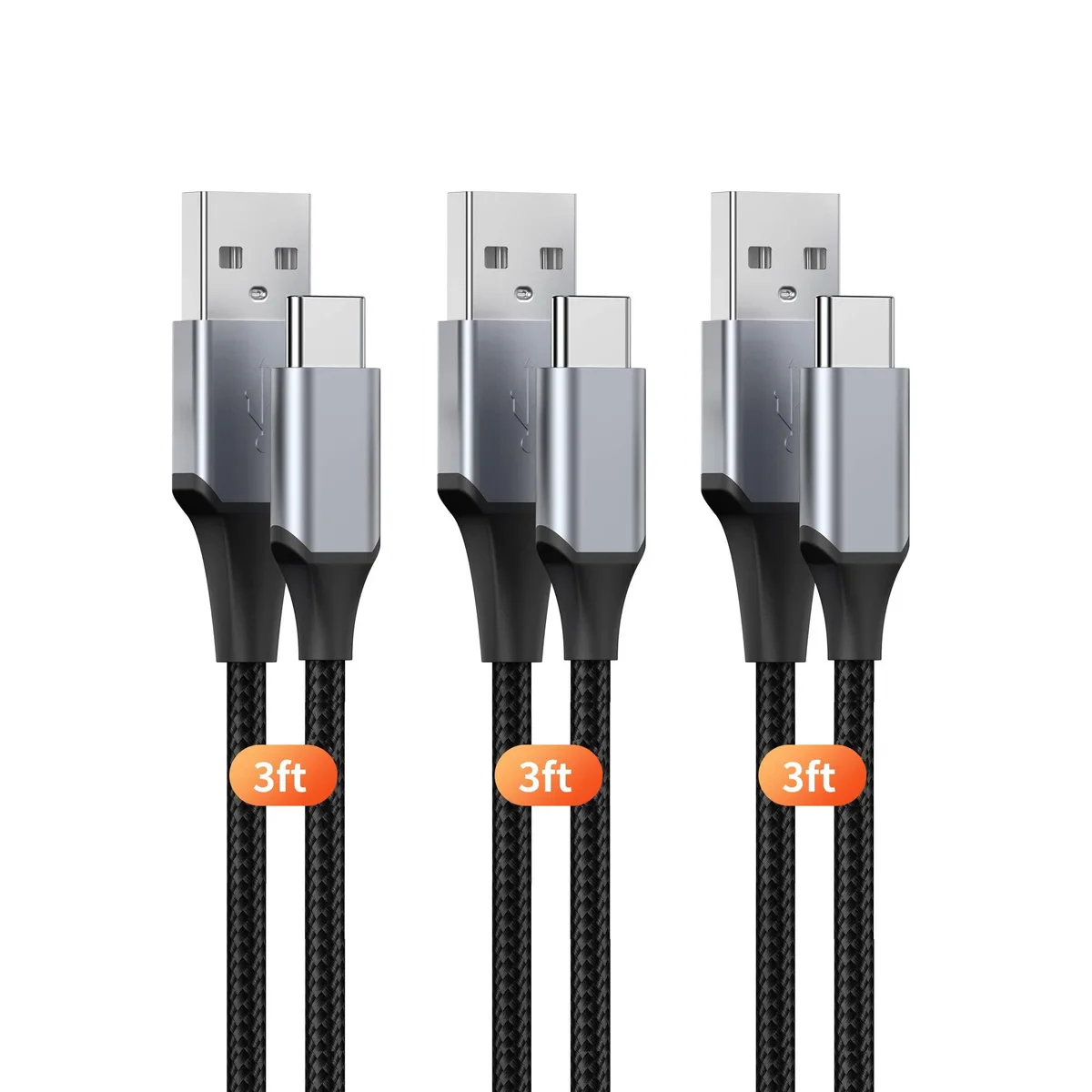 No Sew No Sew USB-A to USB-C cable 3 A 3 ft braided black 3-pack — product photo
