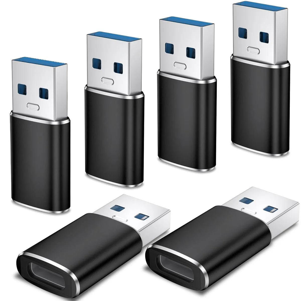 Six black USB-C female to USB-A male adapters
