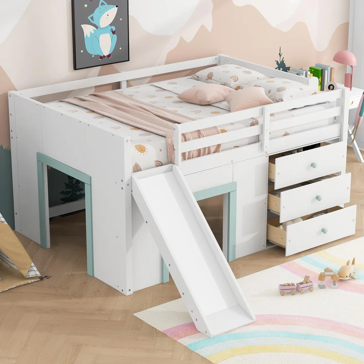 White wooden low loft bed with slide, three drawers and two doors