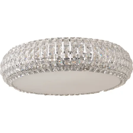 Polished chrome flush mount with six crystal-encrusted orbs, 15.75 inches wide
