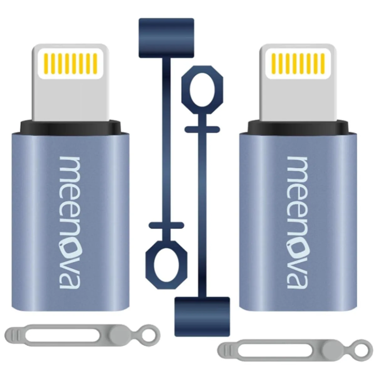 Two small blue USB-C to Lightning adapters with silicone sleeves and straps