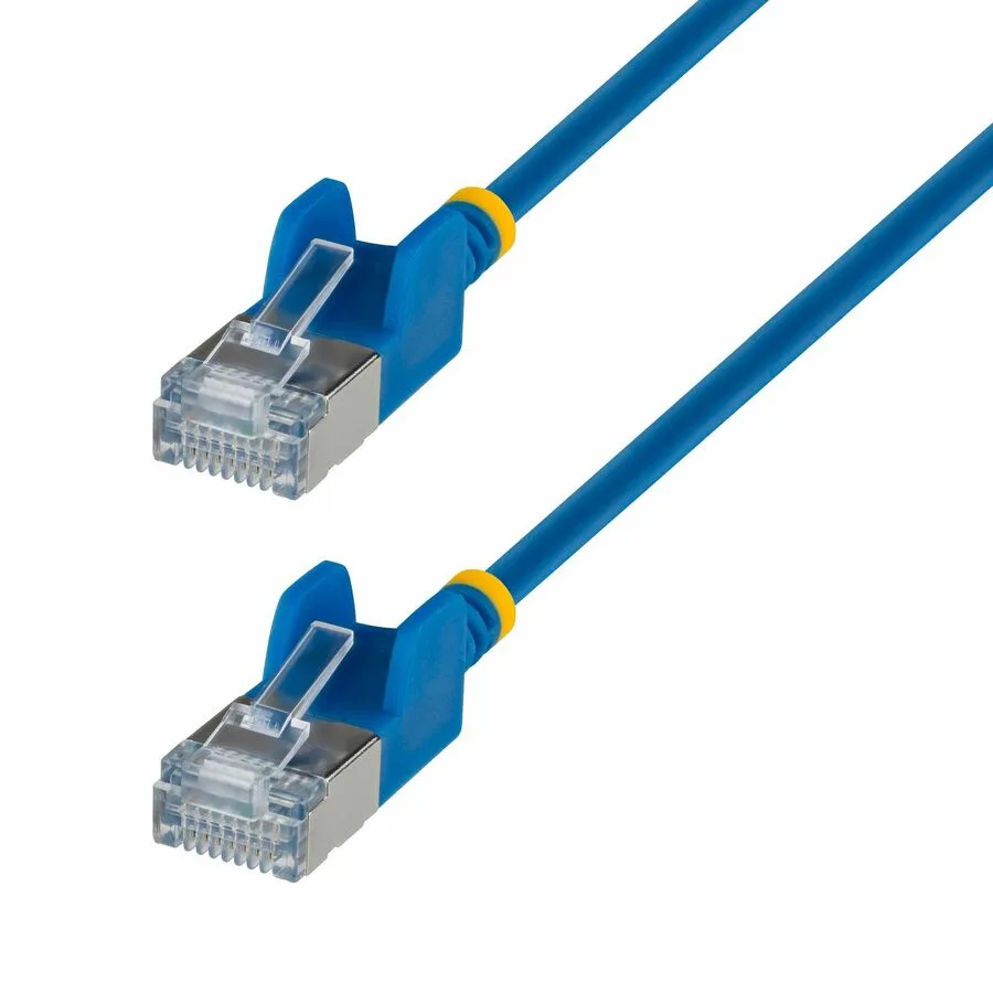 Blue ultra-slim Cat6a Ethernet cable, 2 ft, snagless RJ45 connectors, U/FTP 34 AWG