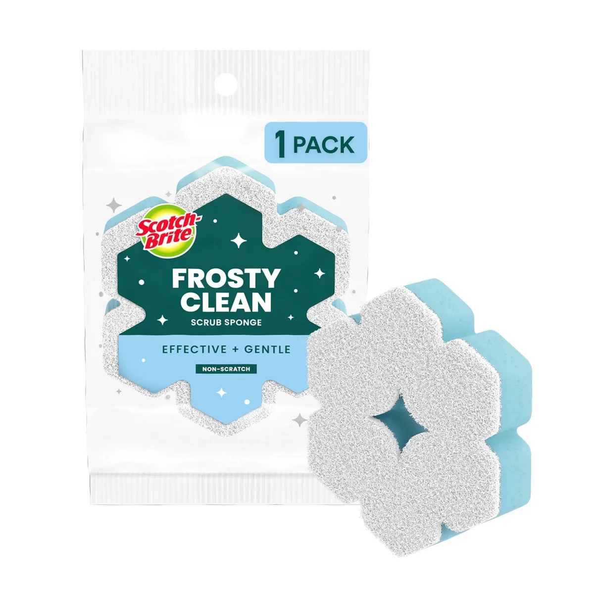 Snowflake-shaped blue and white scrub sponge standing upright