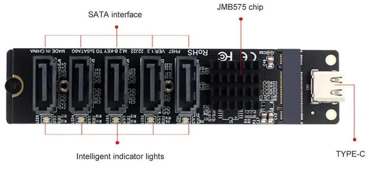 Vszerda Vszerda Type C to 5-Port SATA 3.0 Adapter Card JM575+JMS580 — product photo