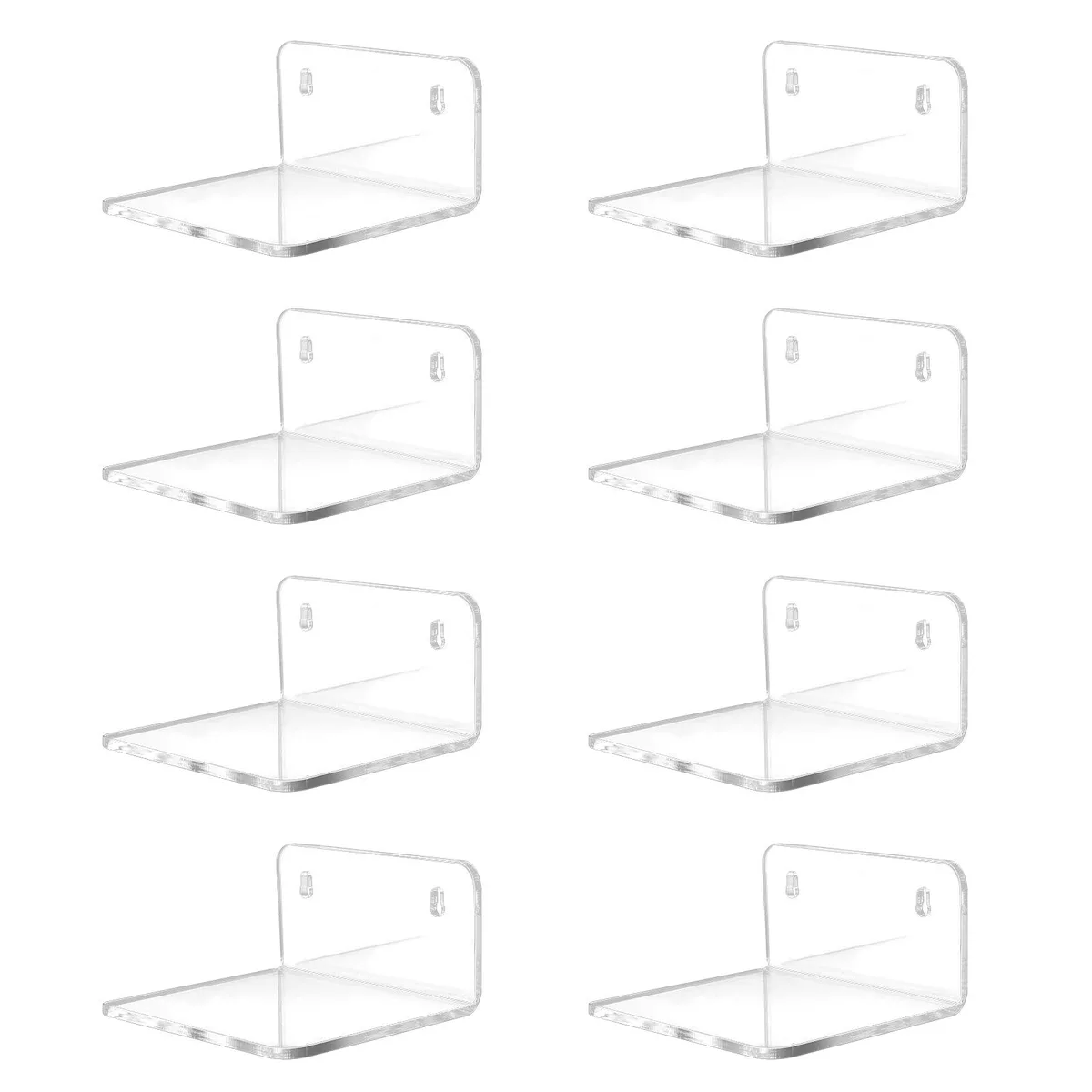 Eight clear acrylic mini floating shelves with metal brackets, each 3.96 by 3.46 by 1.97 inches