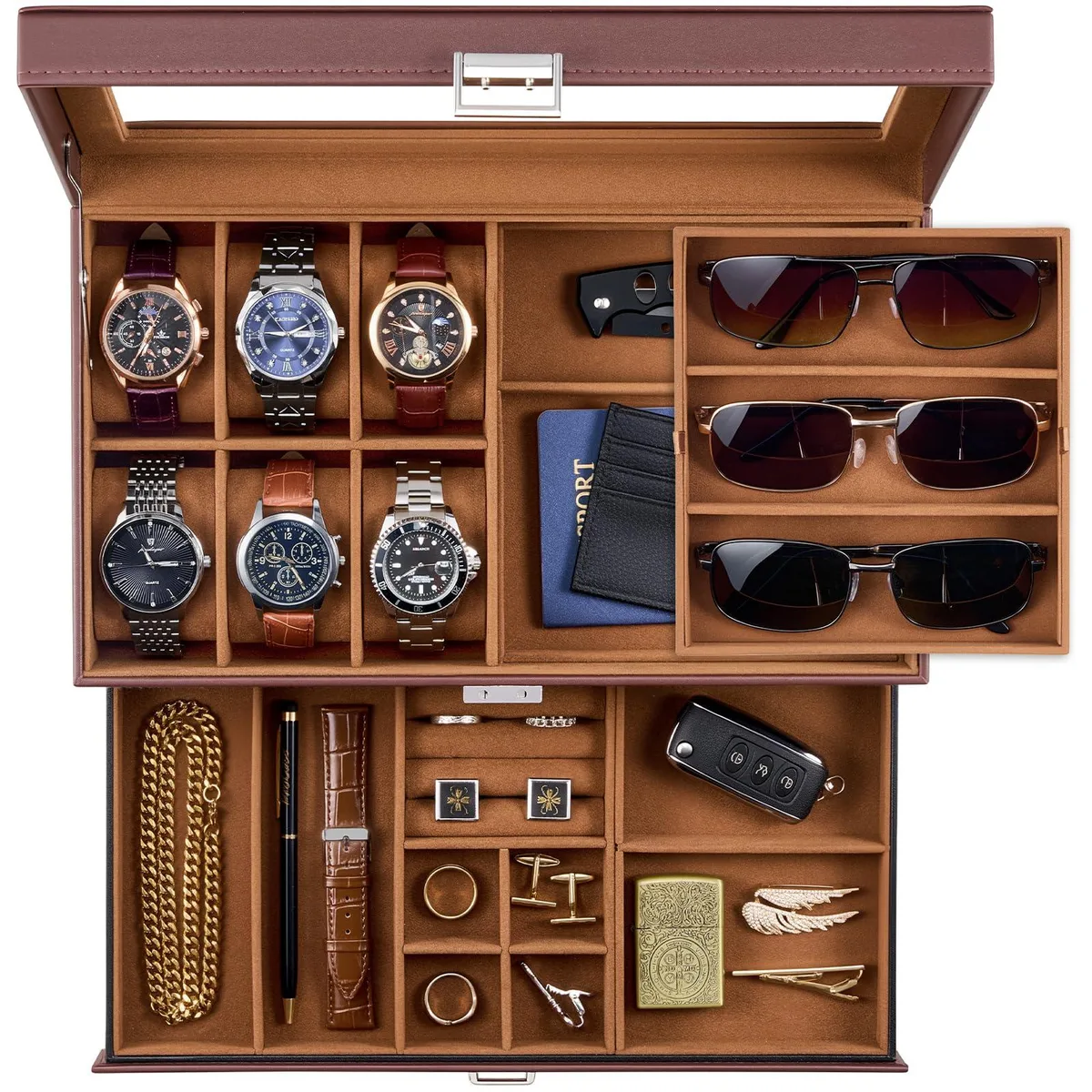 Brown PU leather jewelry box with glass lid, two-layer storage for six watches and three sunglasses