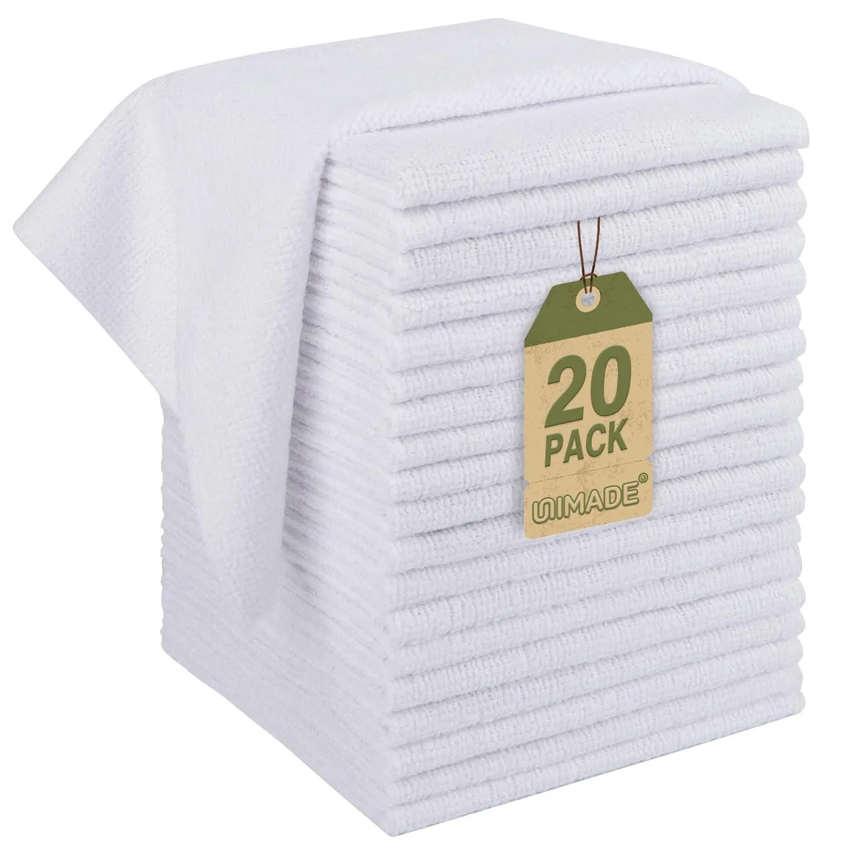 White square microfiber cloths in a stack of 20, each 11.5 inches square and .2 inches thick
