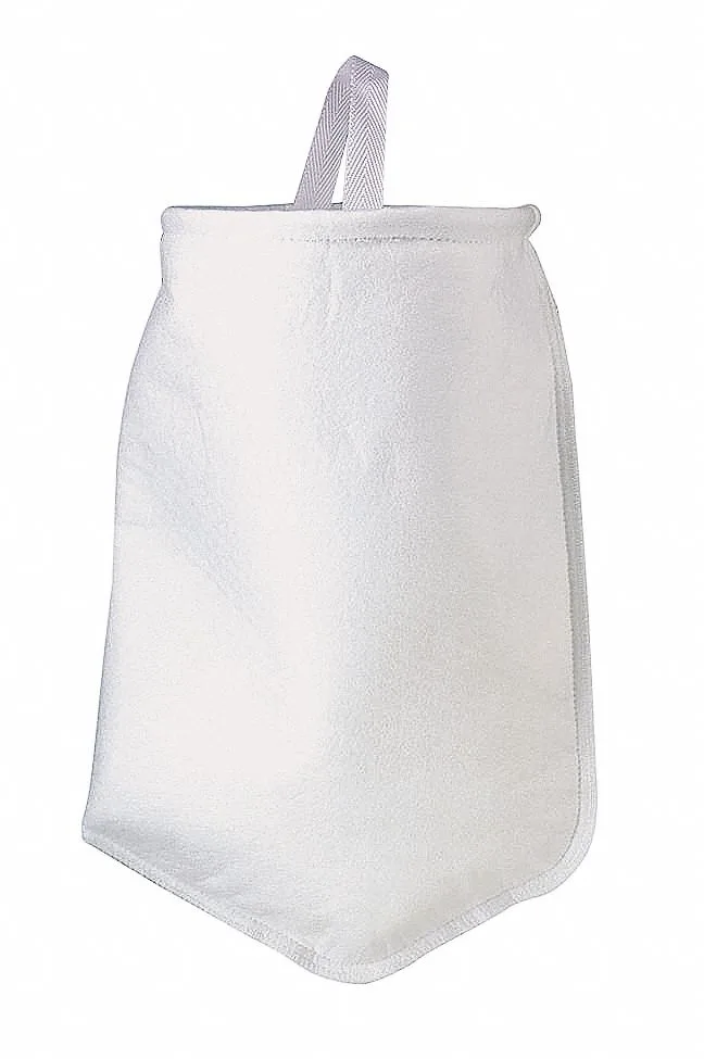White polyester filter bag, 32 in long, 7 in diameter, glazed finish, handle and ring collar
