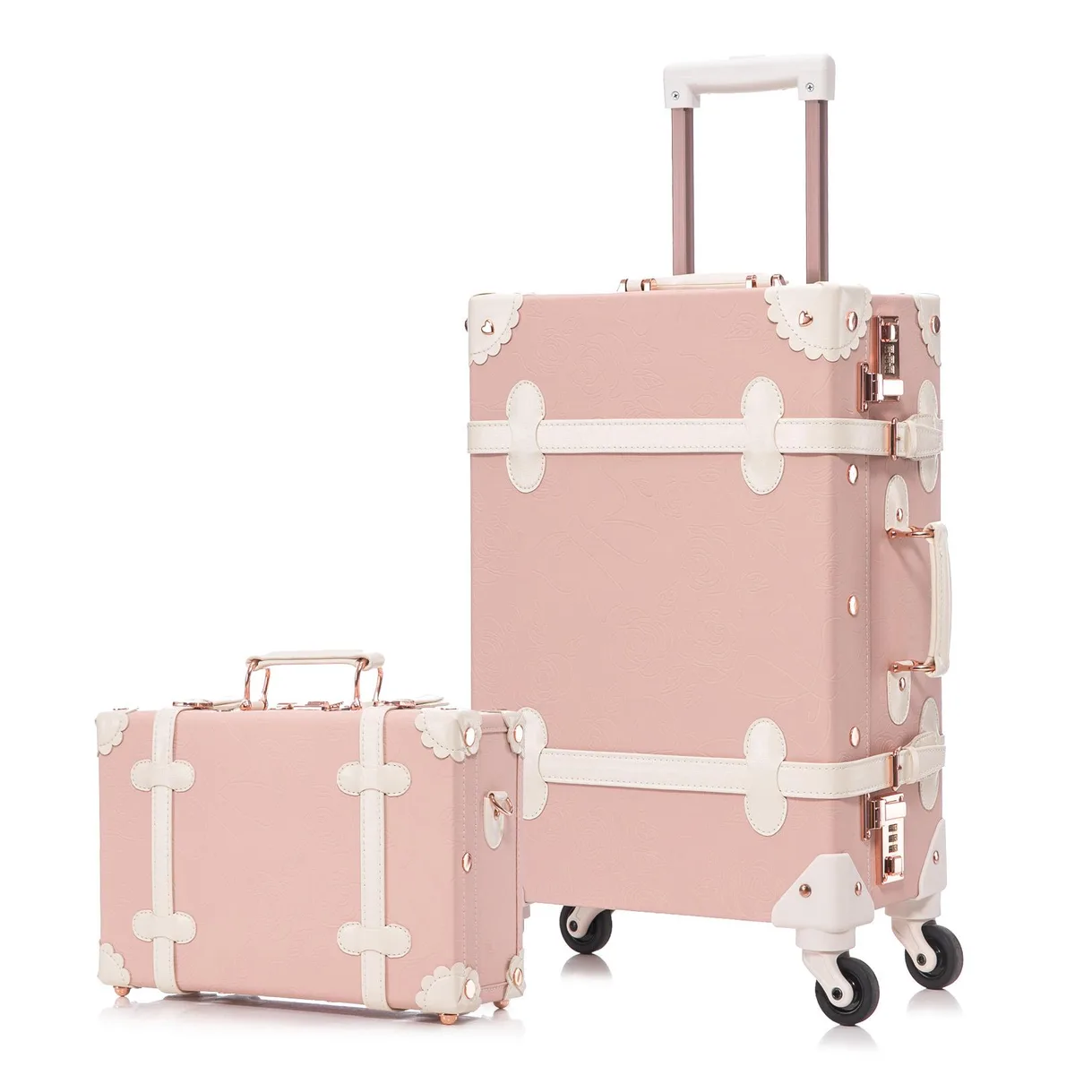 Pink two-piece vintage luggage set with 12-inch and 20-inch PU leather cases, spinner wheels, retractable handles