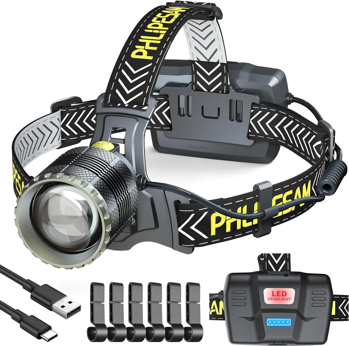 Black rectangular headlamp unit with wide elastic headband and adjustable tilt hinge