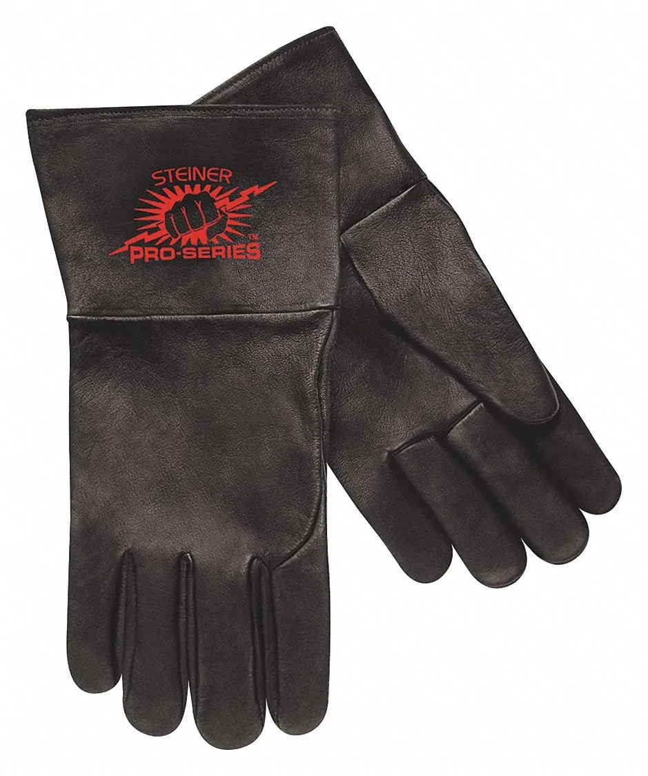Black leather welding gloves gauntlet cuff straight thumb XL size