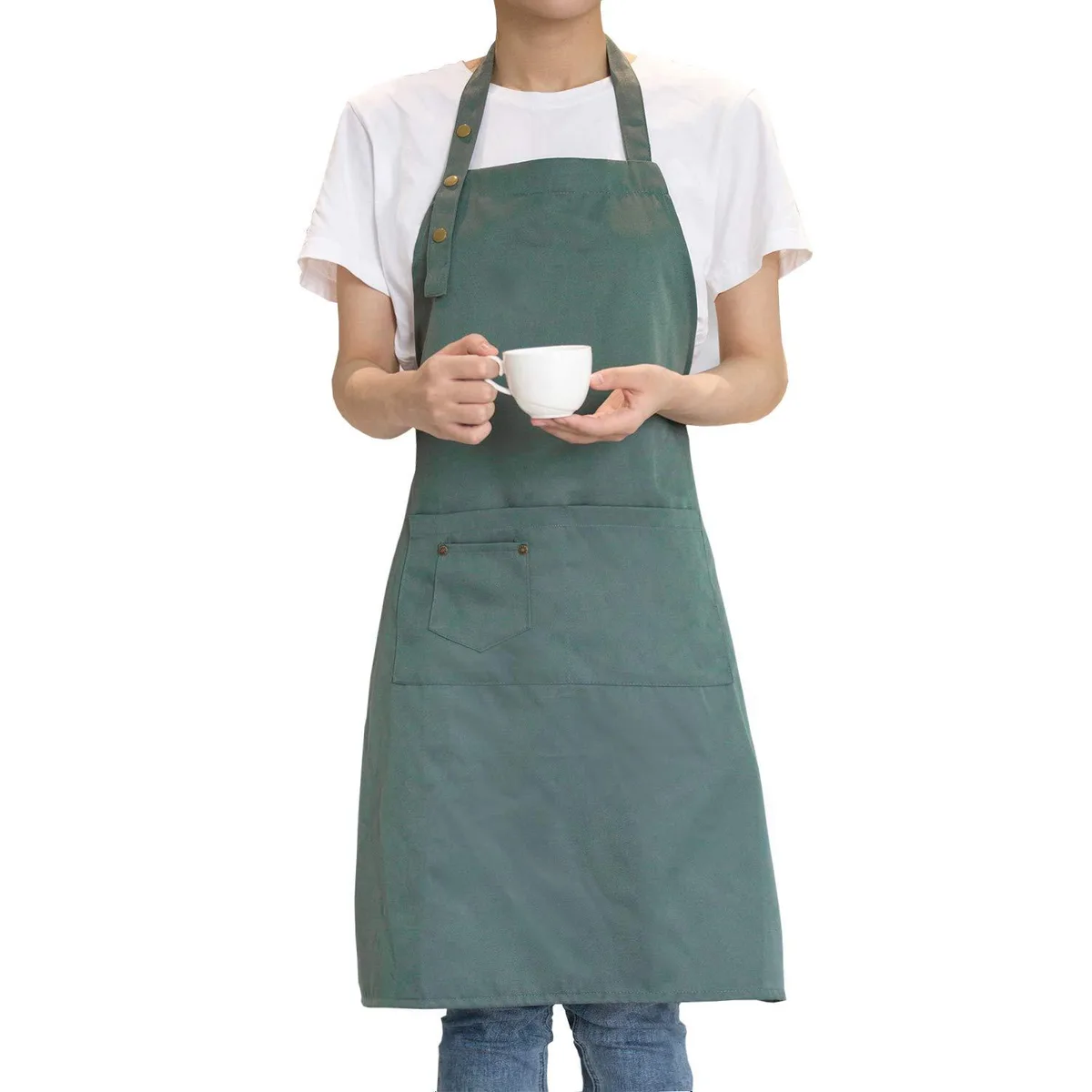 Green heavy-canvas apron with adjustable neck strap, long waist ties and three front pockets