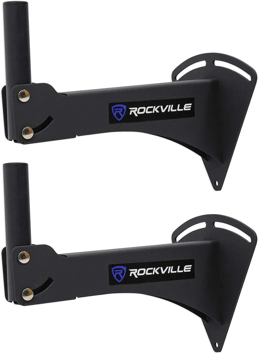 Pair of black metal wall brackets with adjustable arms, mounting hardware and drill bit shown