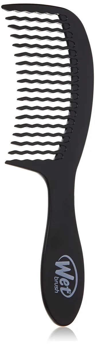 Black plastic wide-tooth detangling comb with curved handle and WaveTooth design