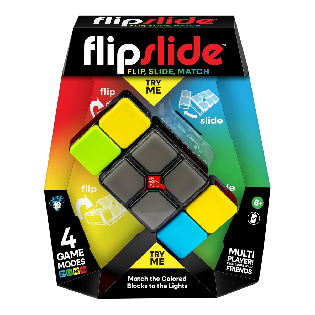 Black rectangular handheld puzzle game with coloured light segments and sliding panels