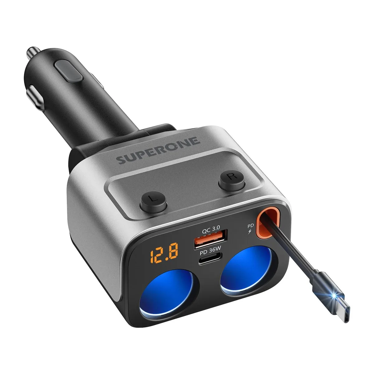 Black 180W car power splitter with retractable 36W USB-C cable and dual sockets