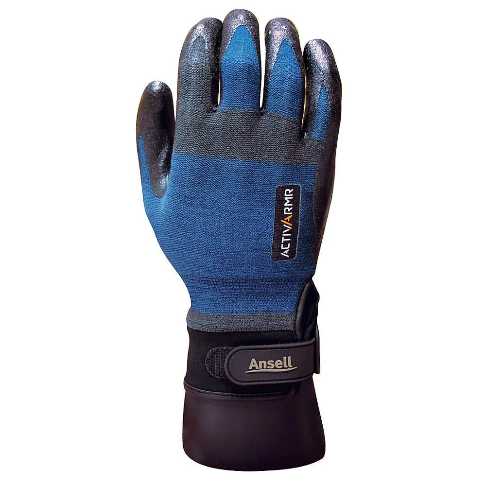 Pair of blue and black knit cut-resistant gloves with coated palms