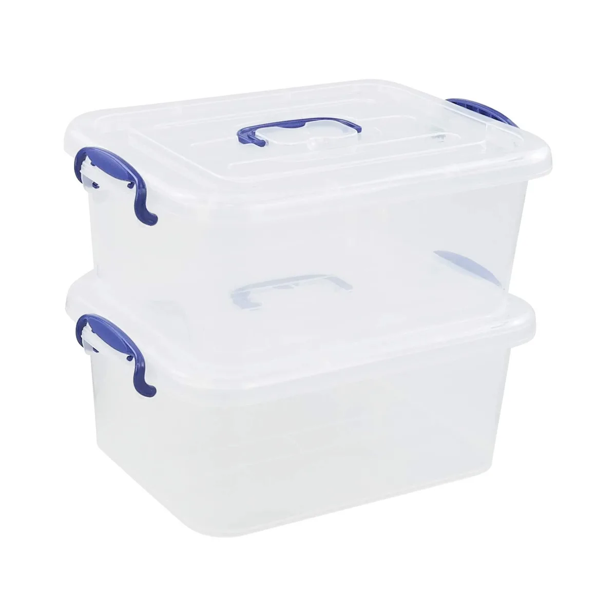 Two black polypropylene boxes with transparent lids and blue handles, stacked together