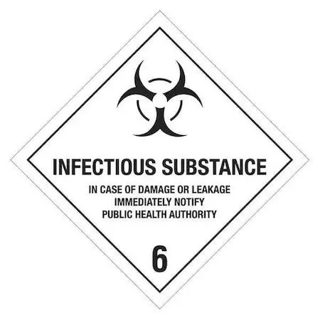White square label with black infectious substance text and symbol