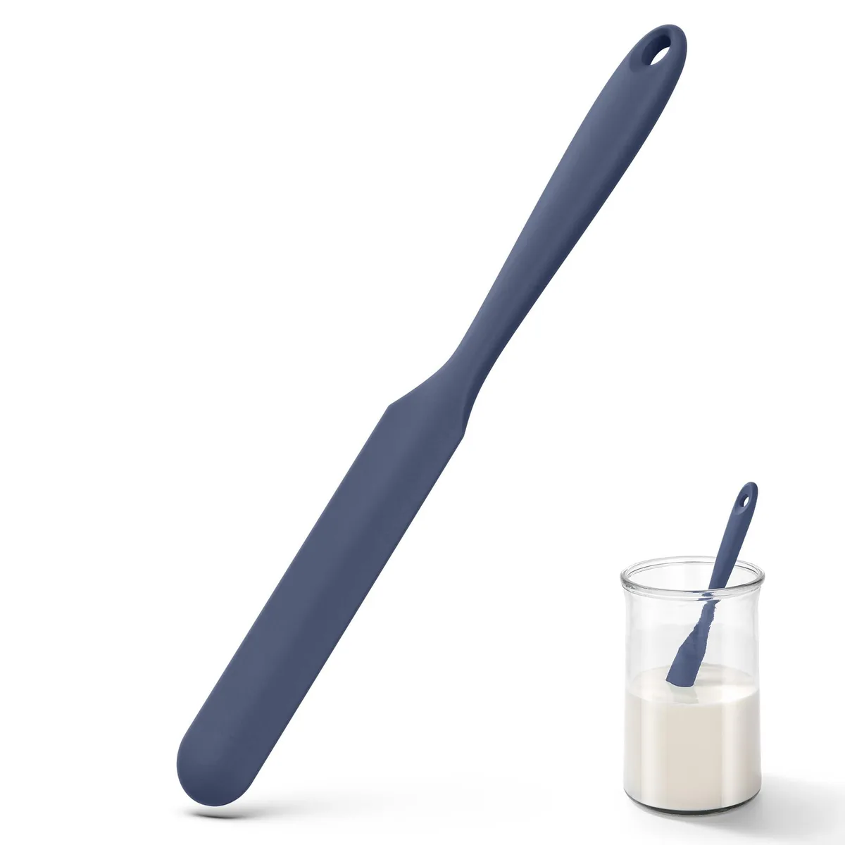 Midnight blue silicone jar spatula, long narrow blade