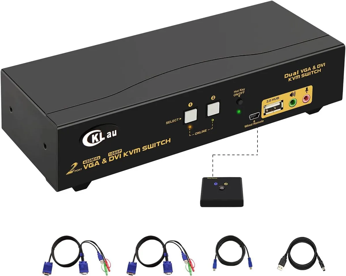 CKLau CKLau 2 Port Dual Monitor KVM DVI+VGA Audio Mic USB 2.0 — product photo