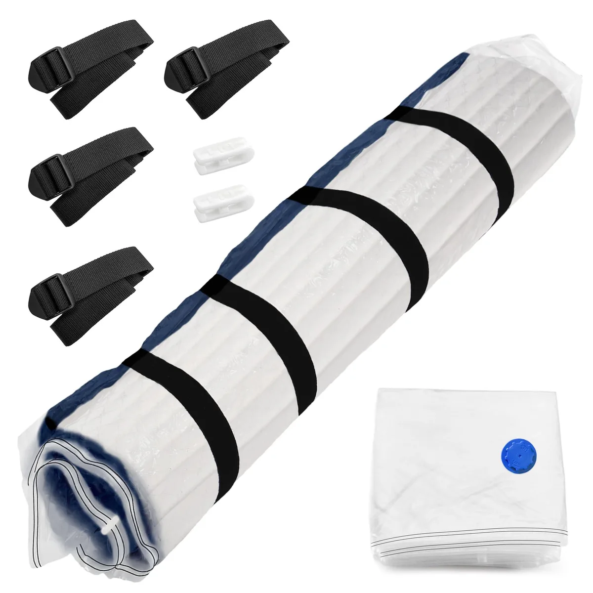 A large transparent vacuum storage bag with double-seal zipper and straps for king-size mattress