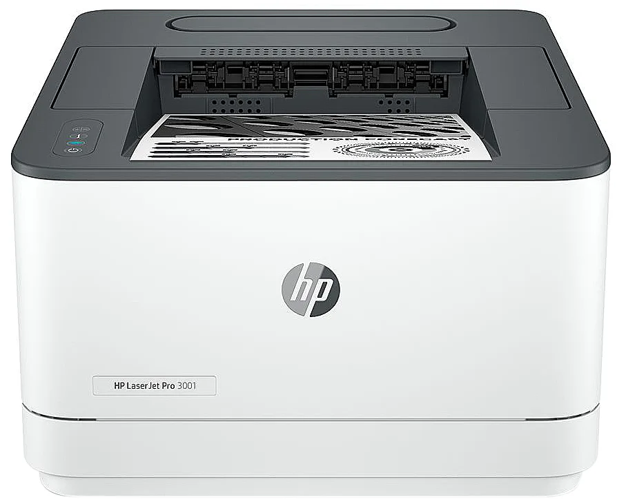 Compact white monochrome laser printer with front paper tray and output bin