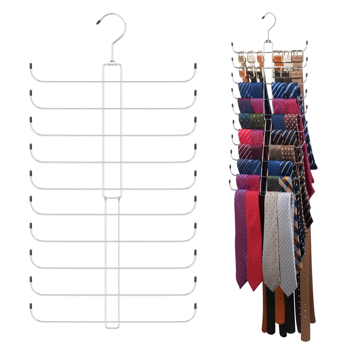 Silver metal 10-tier hanger with horizontal bars for 30 ties and 30 belts