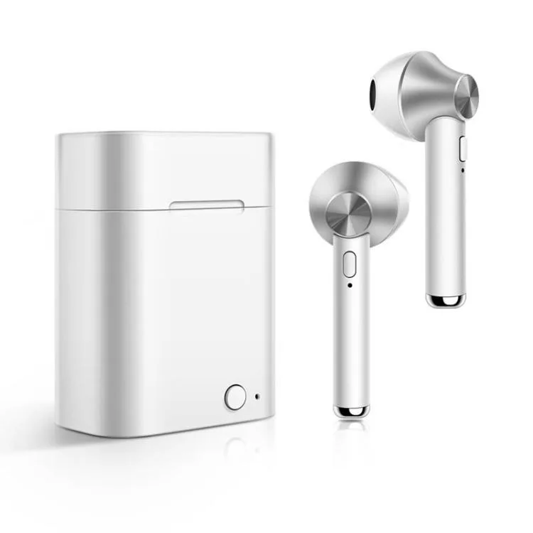 Silver true wireless earbuds in matching charging case
