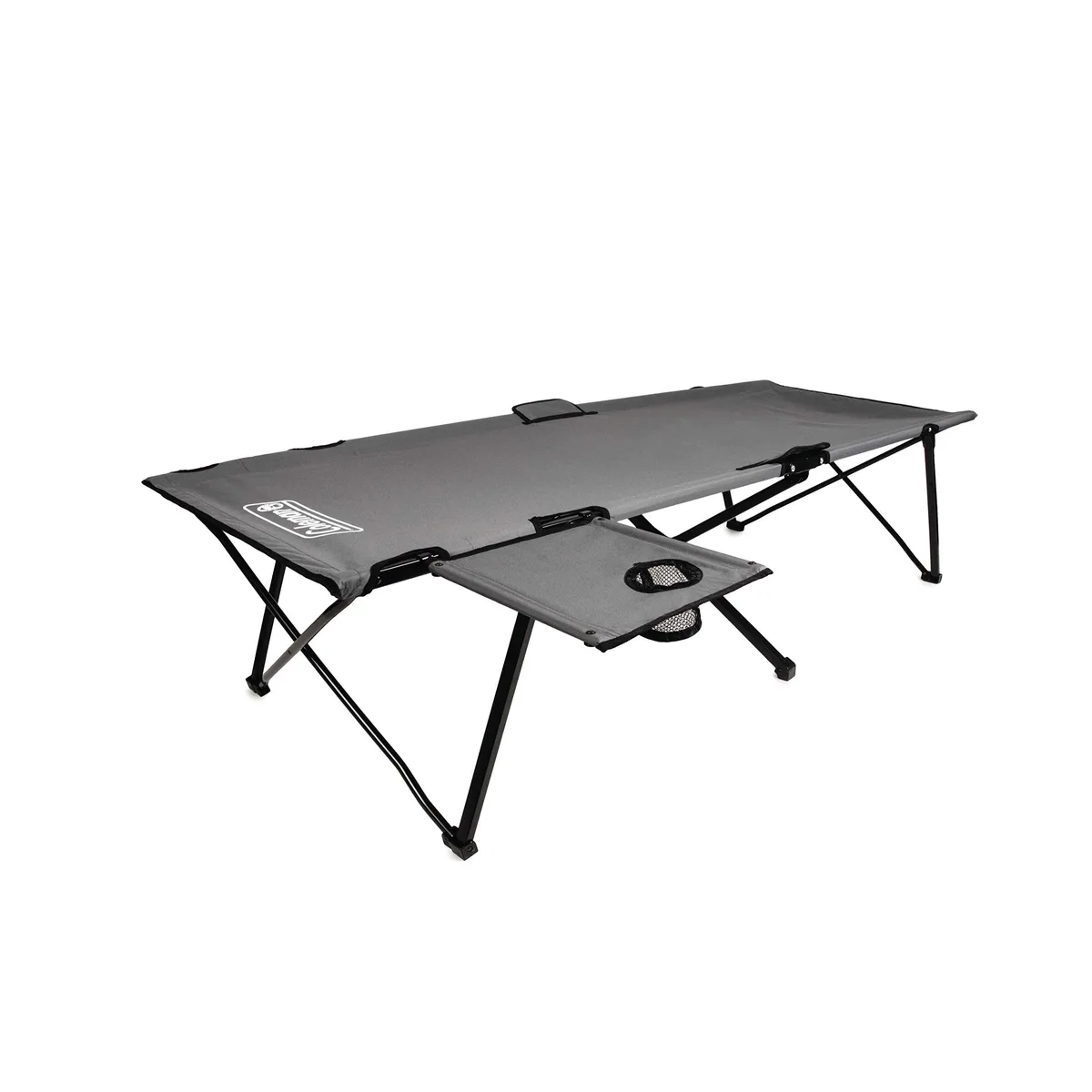 Grey extra-wide camping cot with steel frame, removable side table and cup holder, folded in carry bag