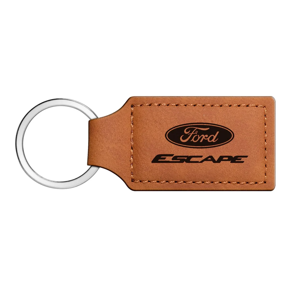 Rectangular brown leather key chain with laser-etched Ford Escape logo