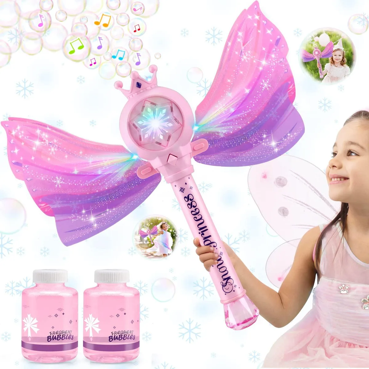 Britik Fairy Bubble Wand Machine LED Music Pink Crown Wings 3AA Batteries 2 Solutions Electronics for Kids — product photo