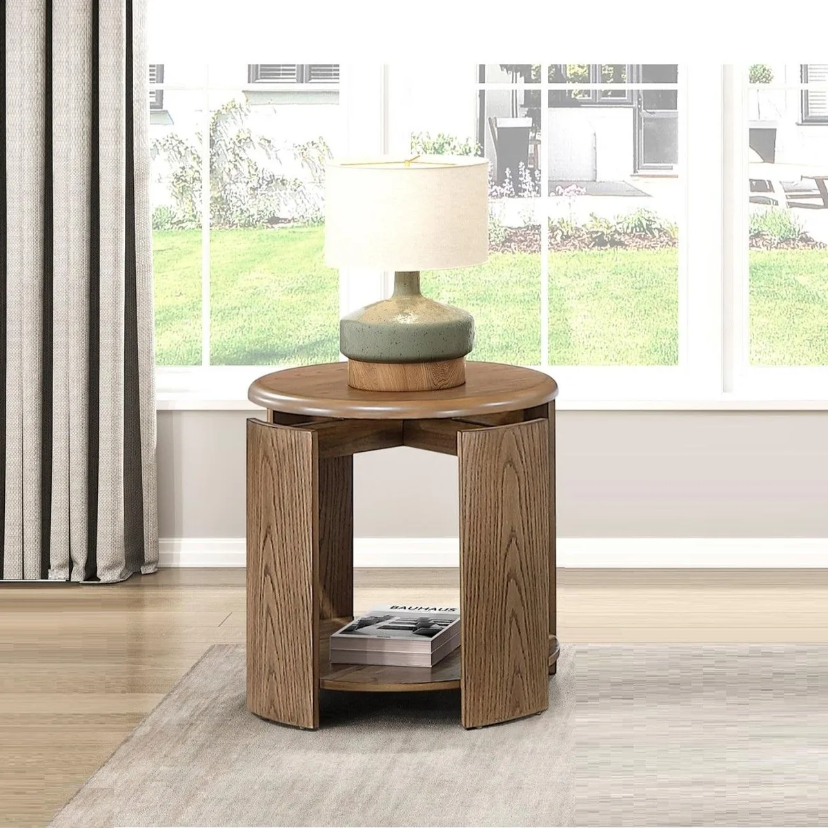 Brown finished round end table with open lower shelf
