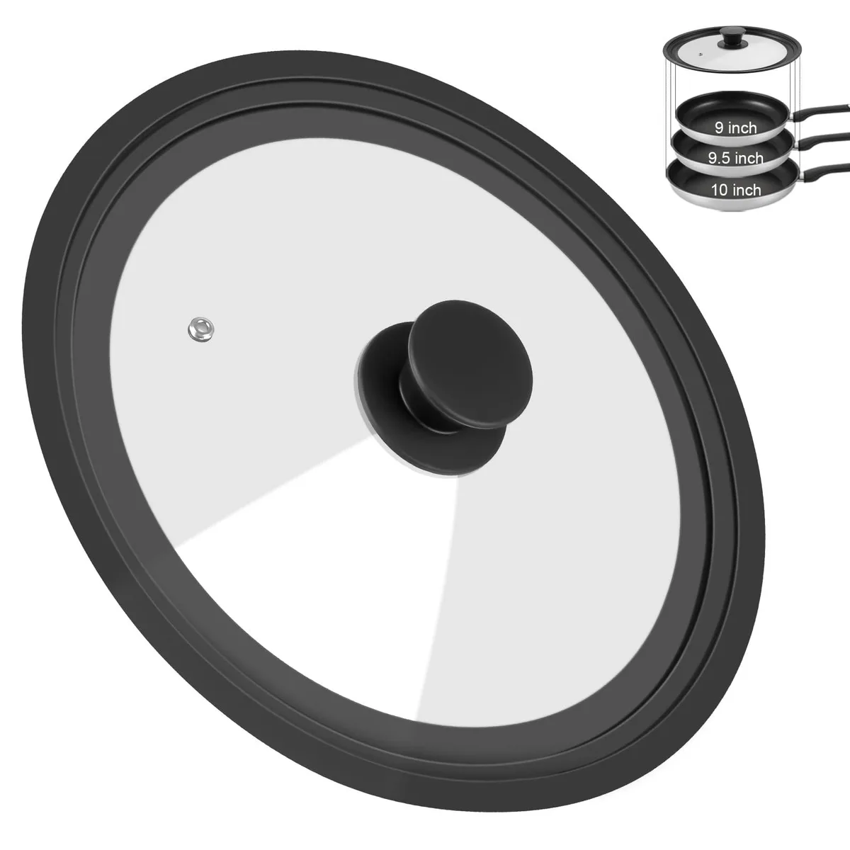 Clear tempered glass lid with red silicone rim and steam vent, fits 9 to 10 inch pans