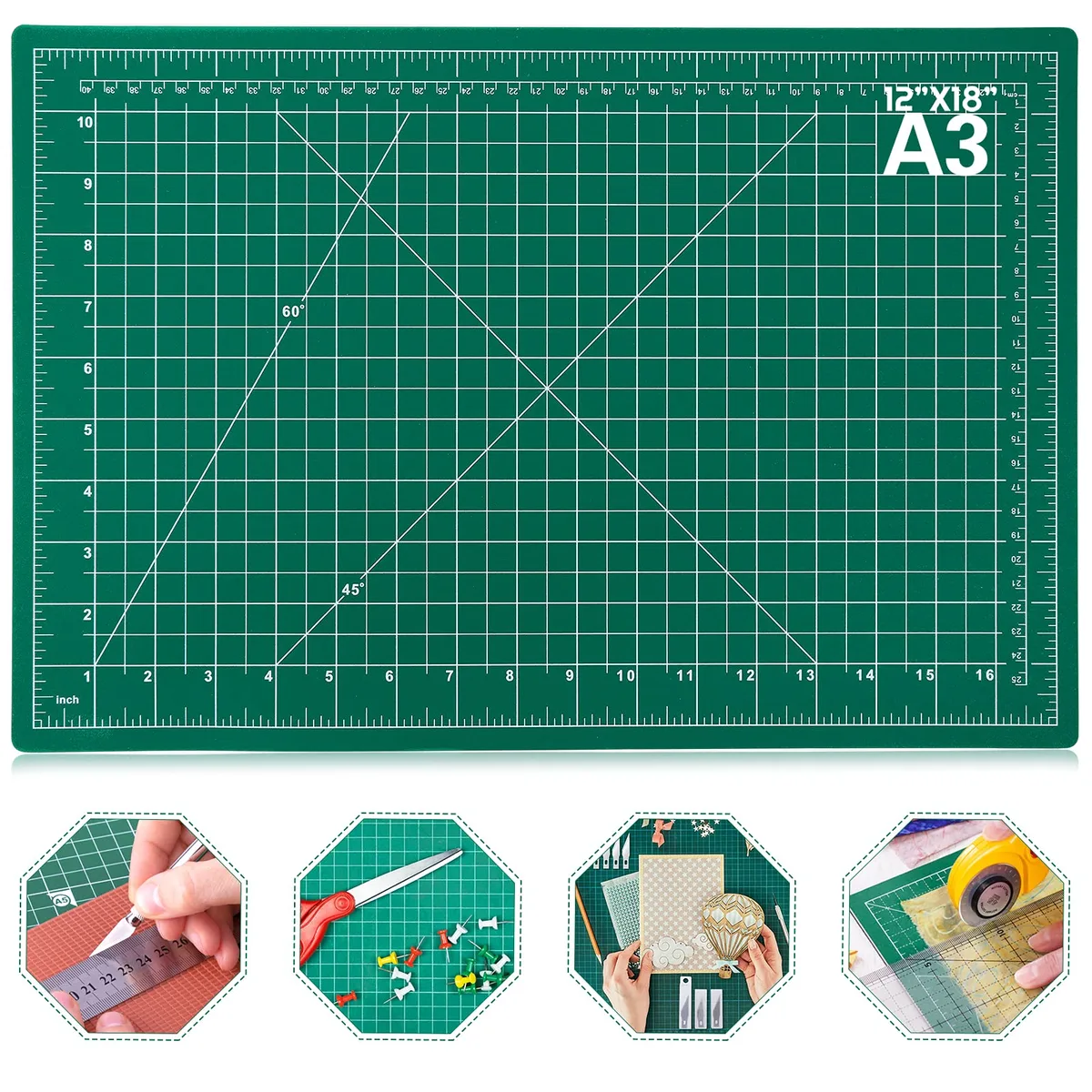 A3-size green self-healing cutting mat with printed grid lines and angle guides