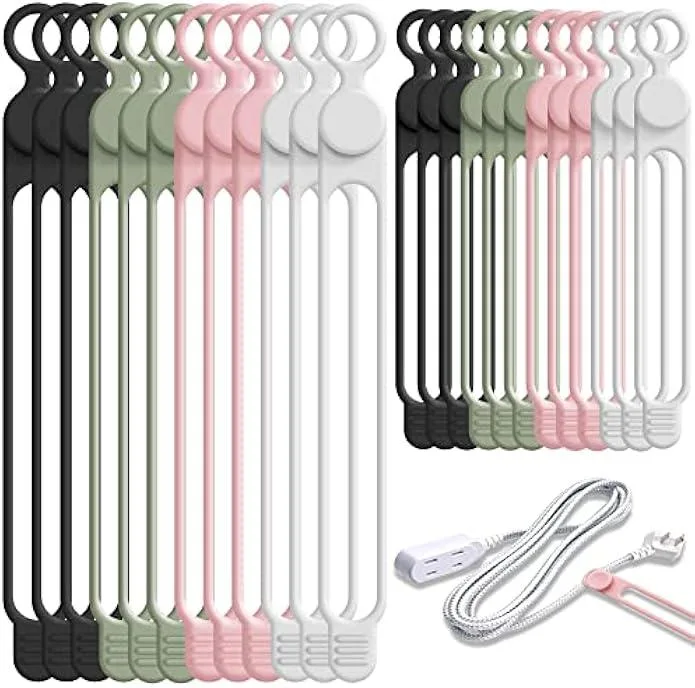 Twenty-four silicone cable ties in four colours, two lengths with button-and-hole fasteners