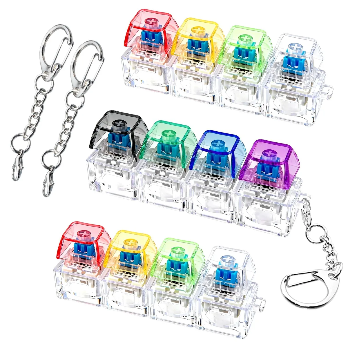 Three transparent plastic keyboard-shaped fidget keychains with metal chains