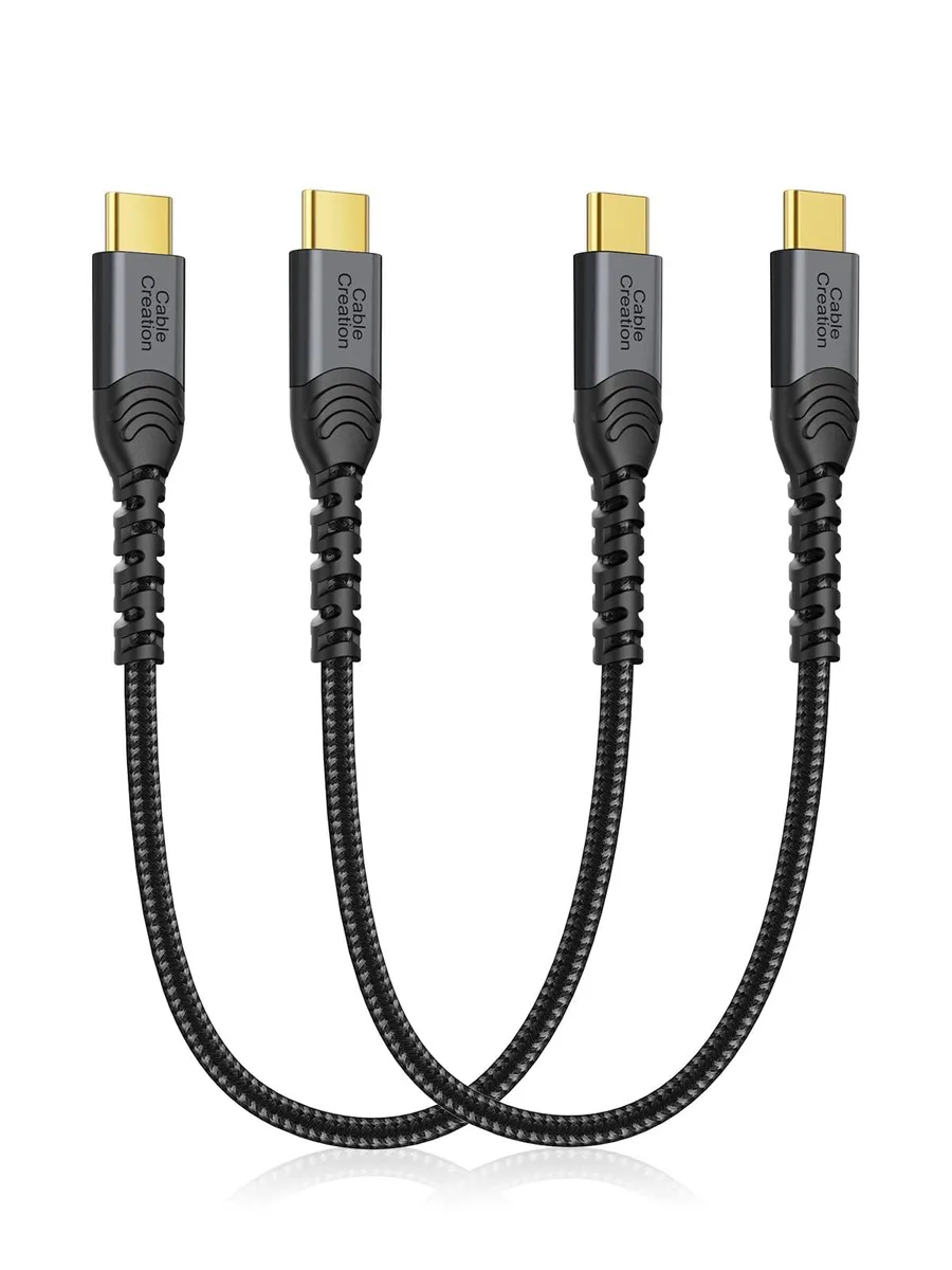 Two short grey braided USB-C cables with gold connectors