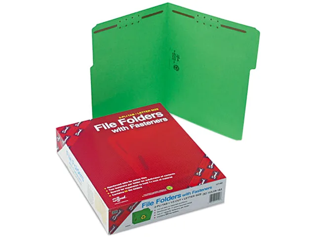 Green letter-size file folders with reinforced tabs and two fasteners, box of 50