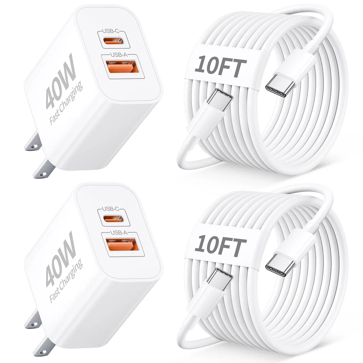 Two white USB-C chargers with foldable plugs and a long braided cable