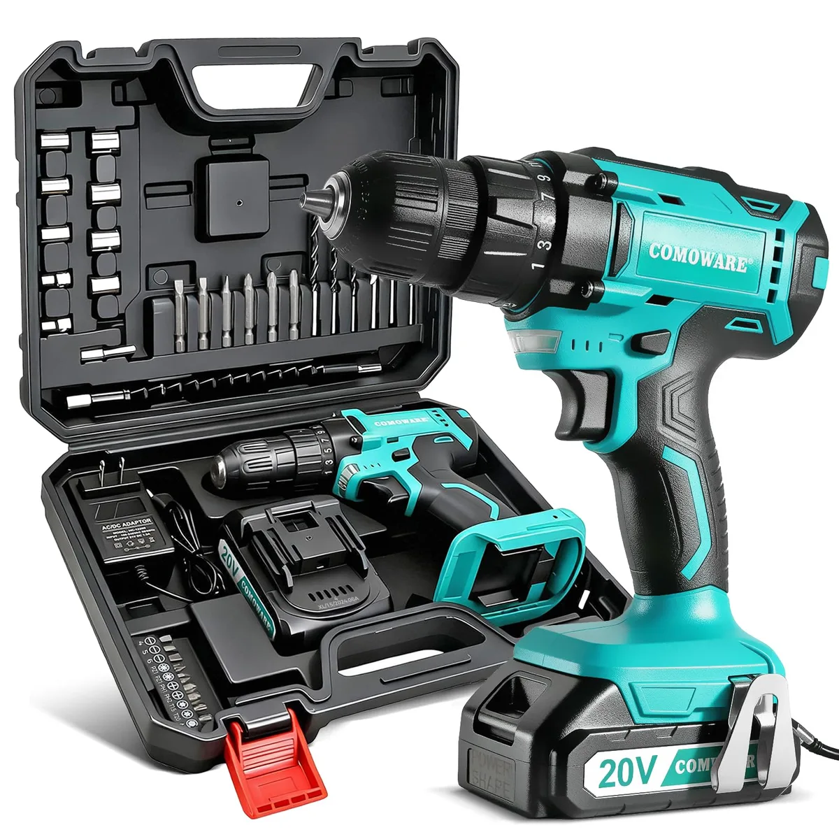  COMOWARE 20V Cordless Drill Set 25+1 Clutch 266 in-lbs 1500mAh Battery 60min Charger 3/8in Chuck LED Case — product photo