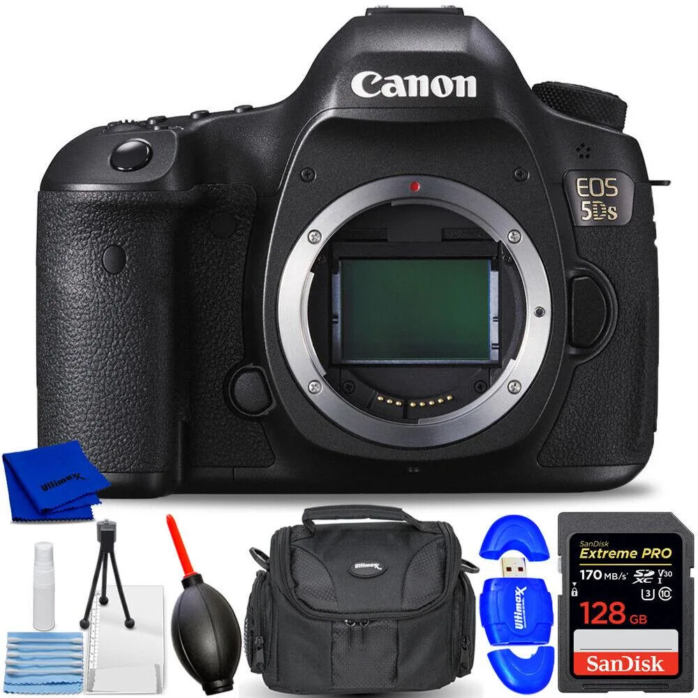 Canon EOS 5DS DSLR body with 7-piece accessory bundle including bag, card, reader, blower, cloth and cleaning kit