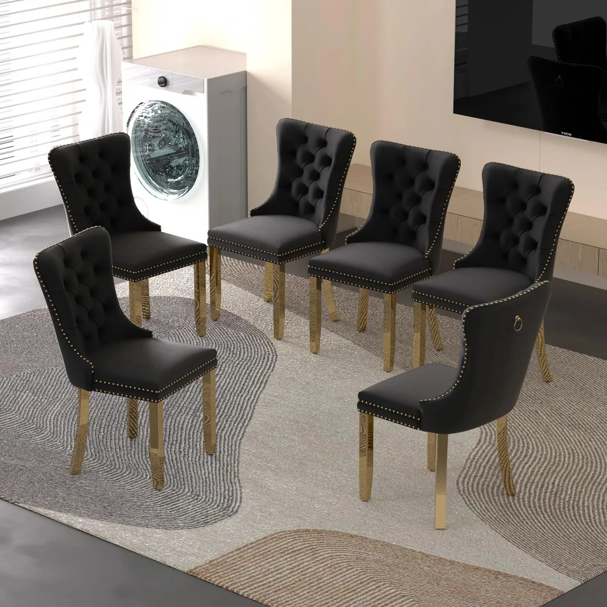 Sumdeal Sumdeal Velvet Dining Chairs Set of 6 Black with Golden Leg — product photo
