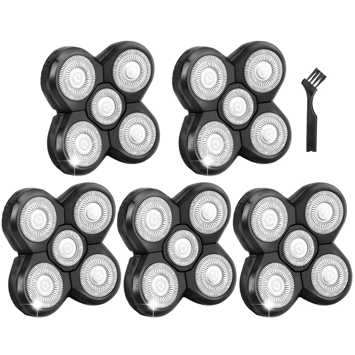 Five round rotary shaver heads with a cleaning brush
