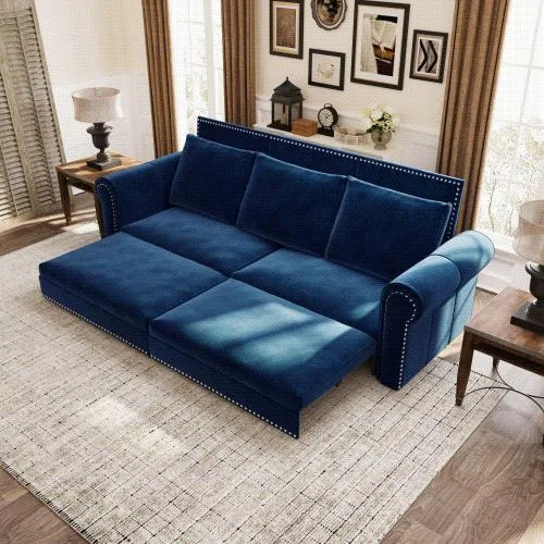 Blue velvet pull-out sofa bed with nailhead trim and rolled arms, 93.7 inches wide