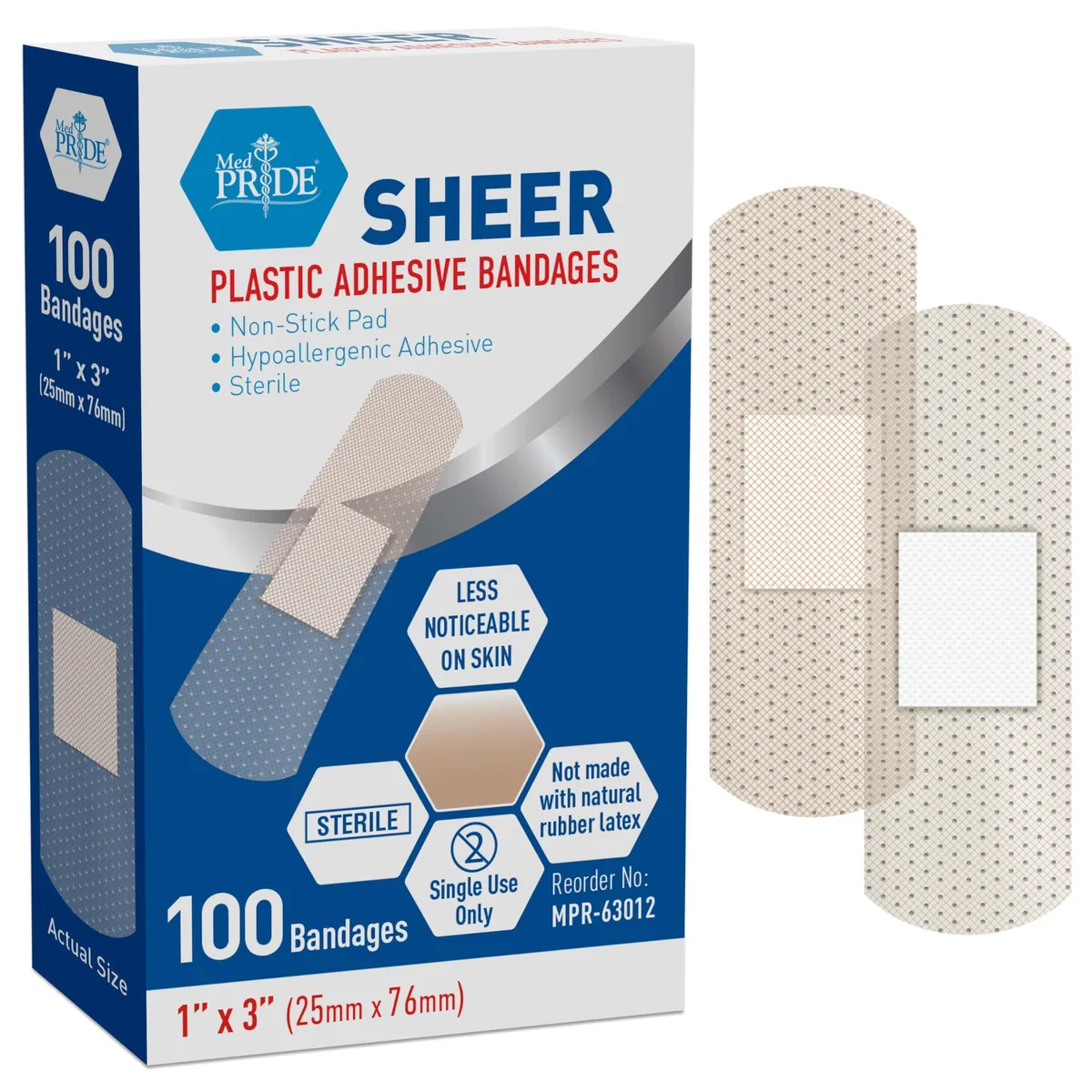  MED PRIDE Sheer Bandages Latex-Free Hypoallergenic Sterile 1x3 in 100-Count — product photo