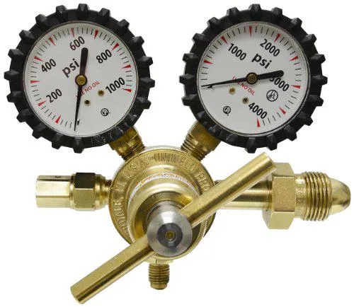 Brass nitrogen regulator with two gauges and T-handle