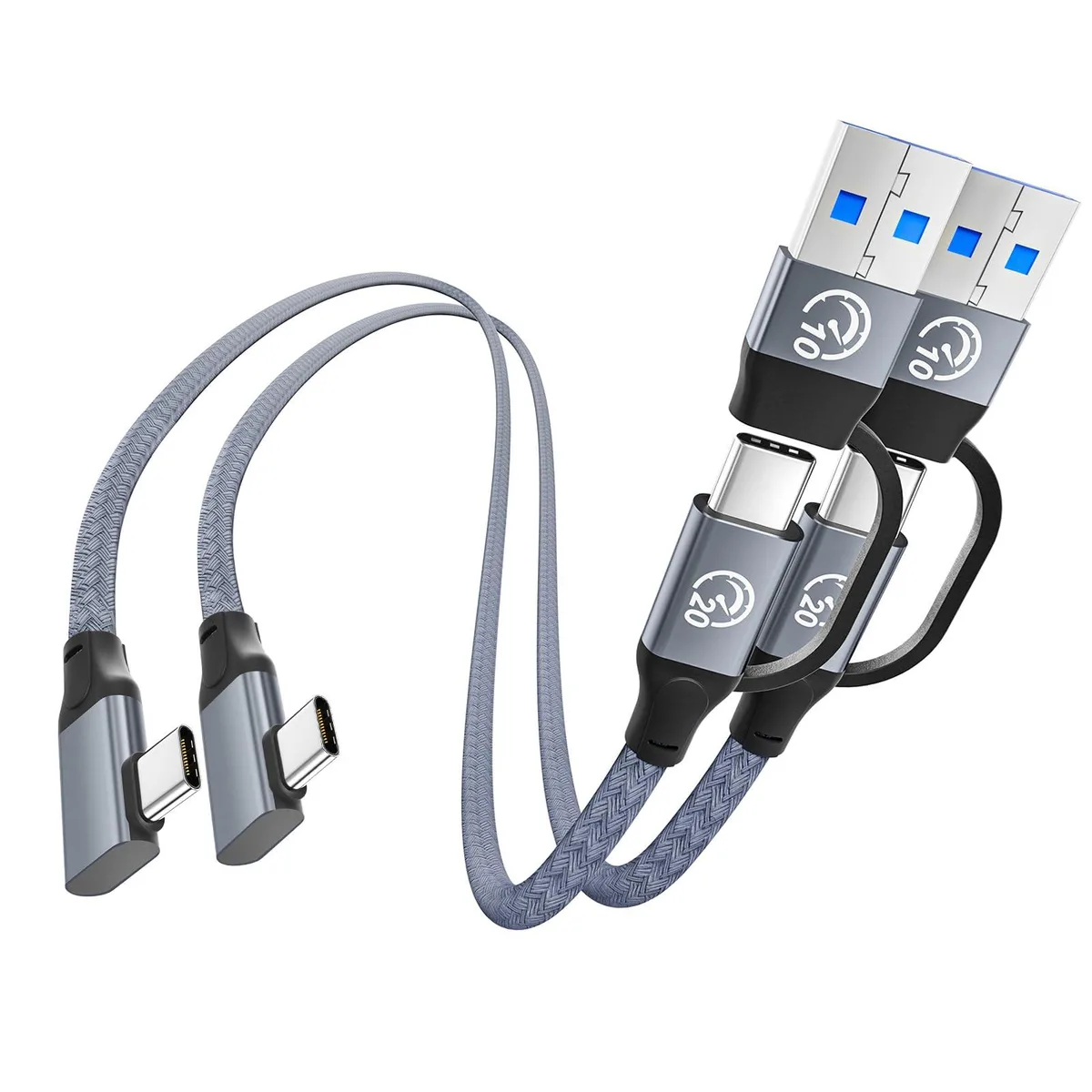Two short grey braided USB-C cables with right-angle plugs and a USB-A adapter