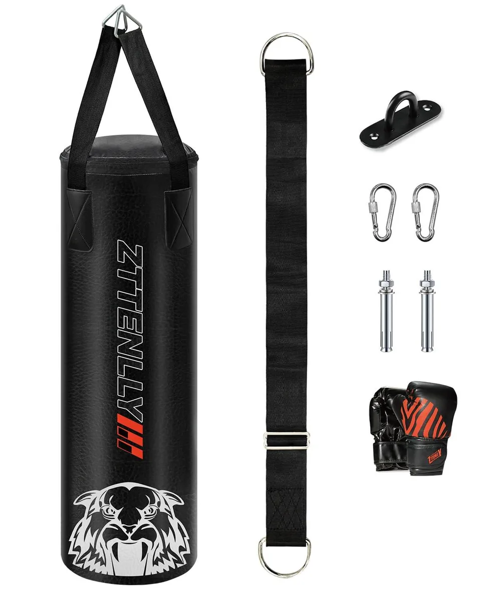Black cylindrical punching bag with gloves and adjustable strap